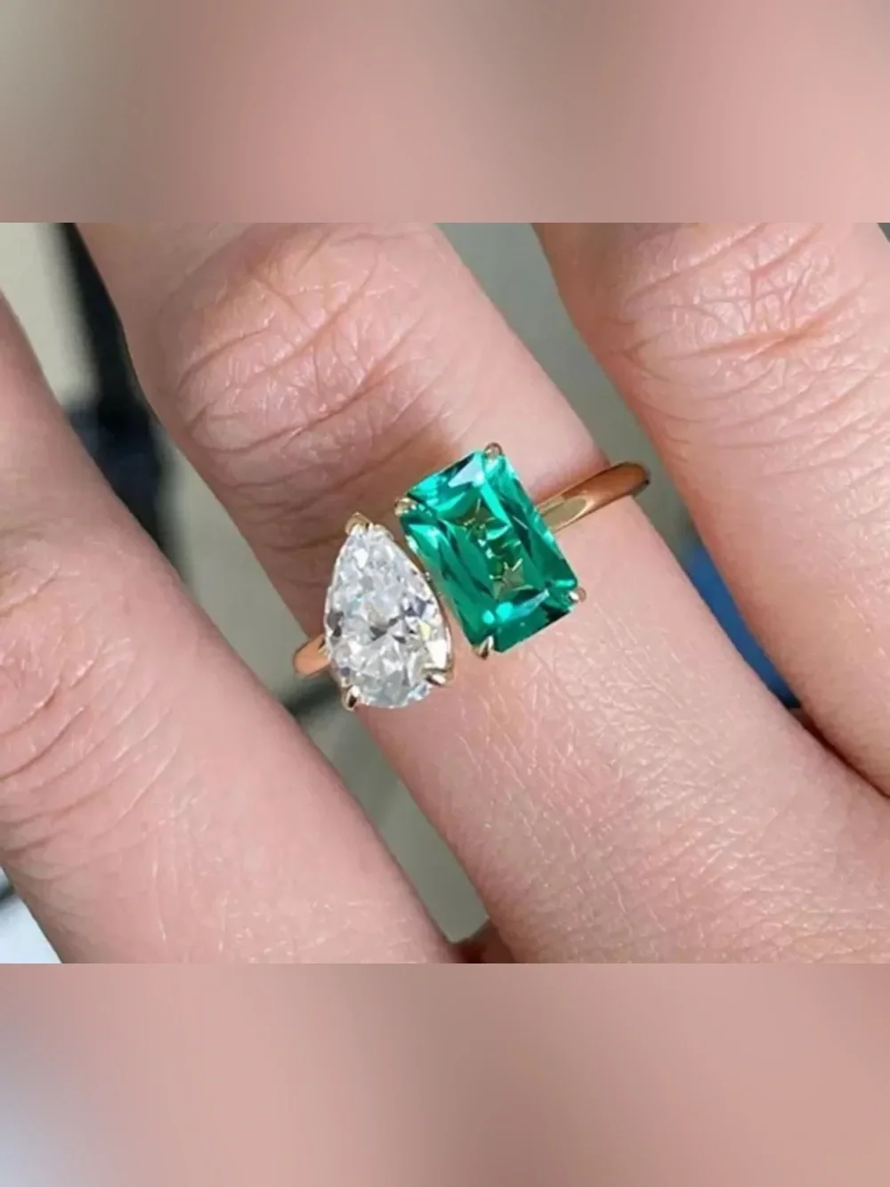 NEW-7 Gold Ring with Emerald Green Cushion and White Teardrop Stones
